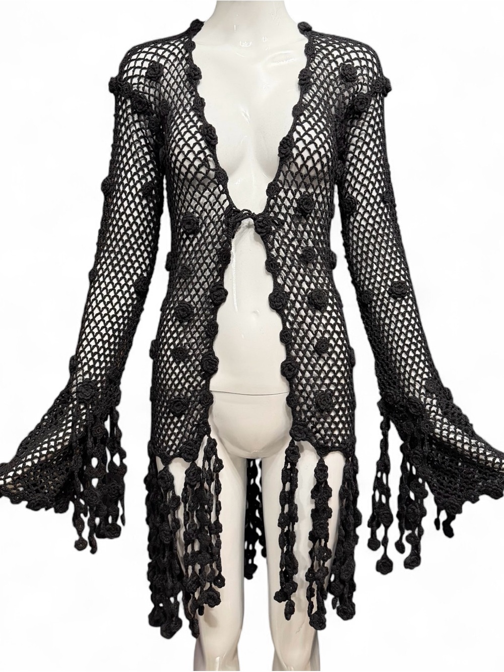 Vintage Moschino Cheap & Chic Black Crochet Floral Appliqué Cardigan Sweater